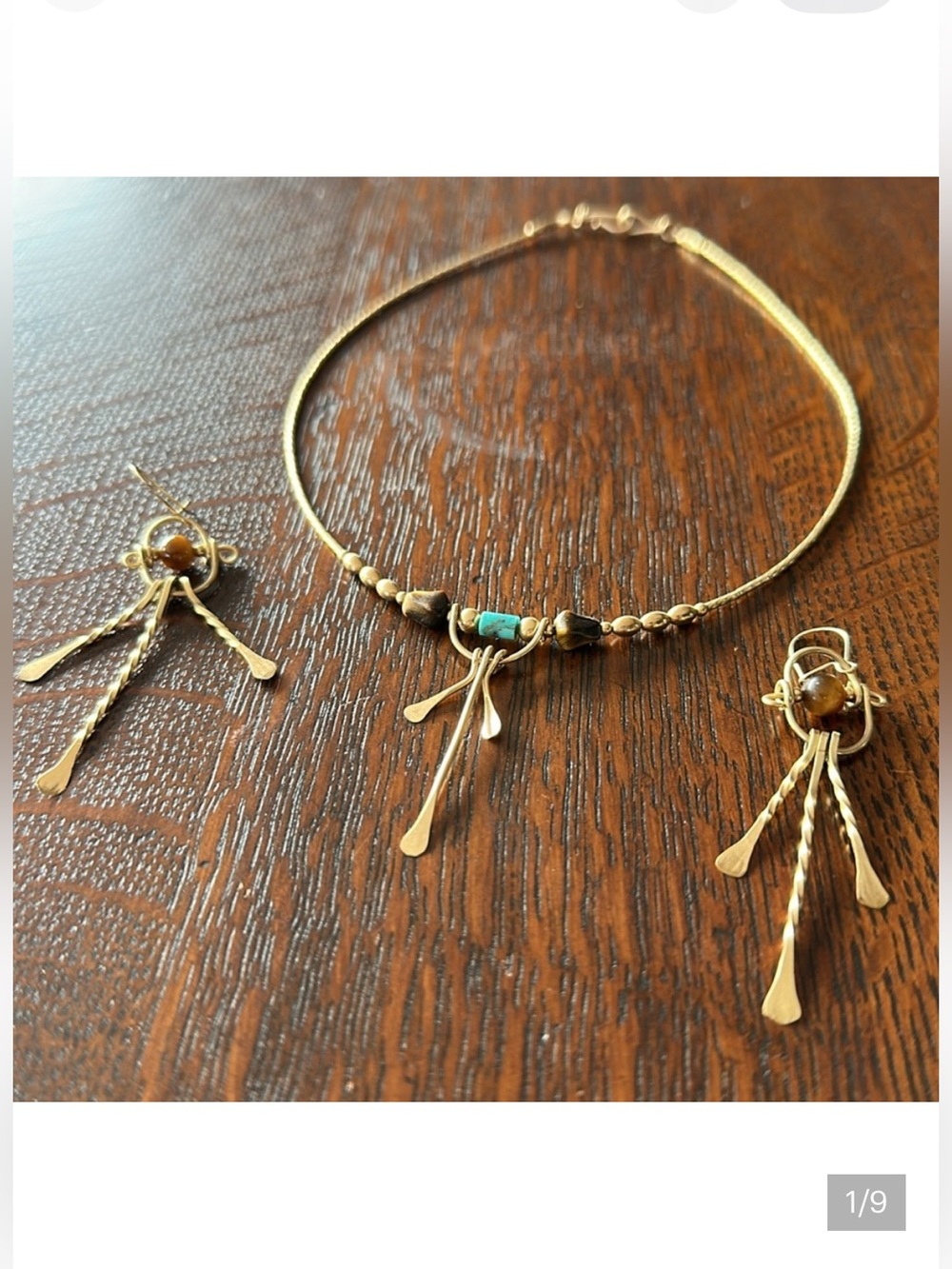 Turquoise, tigers eye, gold colored, vintage dangle earrings and necklace set.